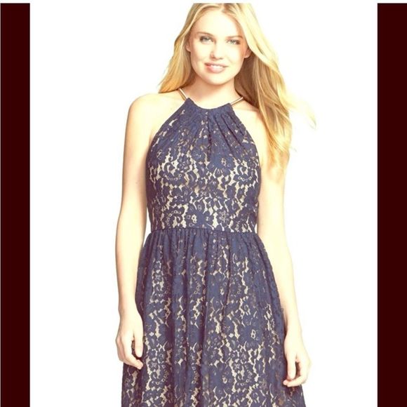 Eliza J Dresses & Skirts - Eliza J Navy Blue Lace Halter Dress nude gold neck detail size 8